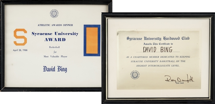 Lot of (2) Dave Bing Syracuse University Certificates for Most Valuable Player and Dedication to Keeping Syracuse University Basketball on the Highest Intercollegiate Level (Bing LOA)